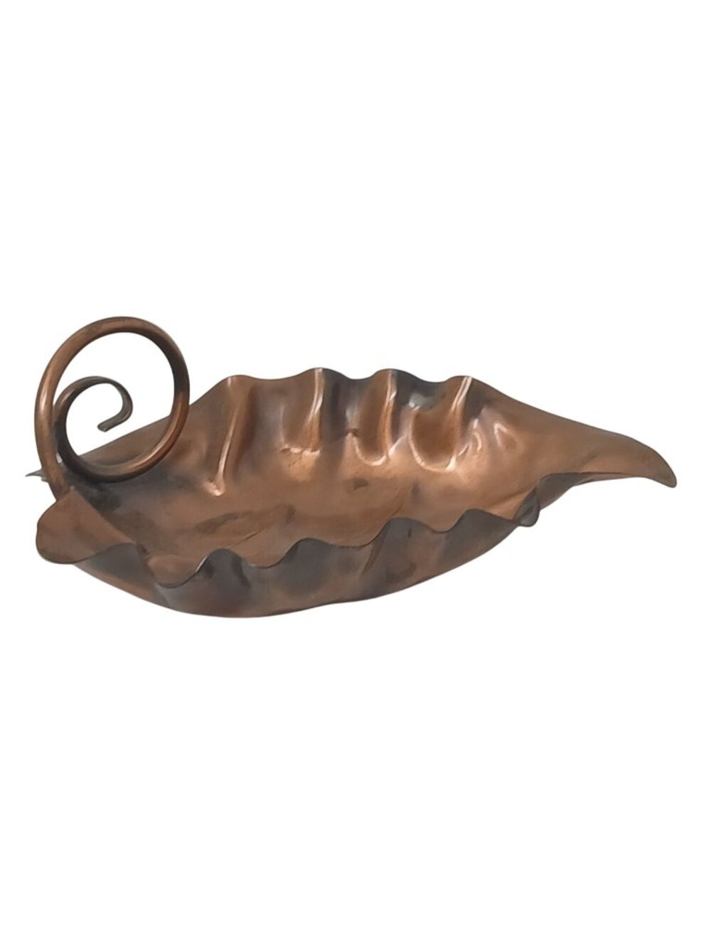 Handcrafted Copper Leaf Shaped Trinket Dish Scroll Handle By Gregorian USA #D37